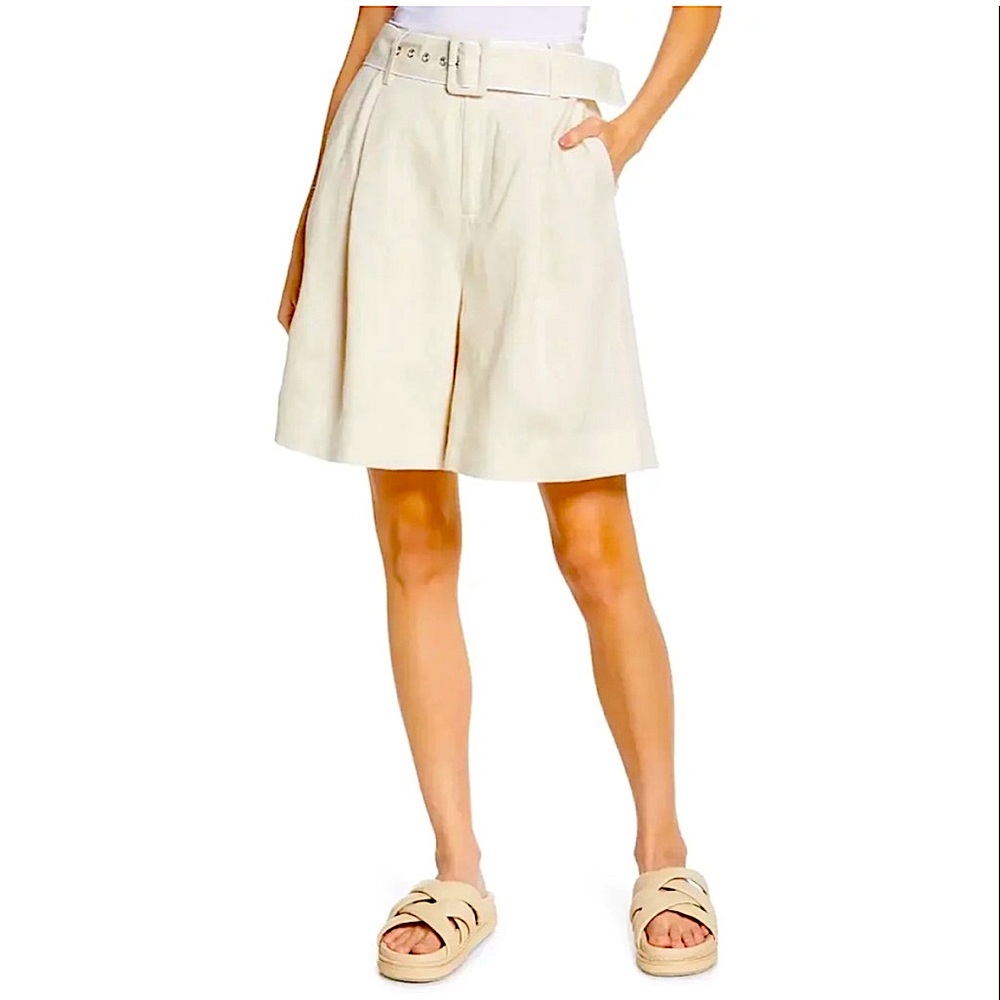 Staud Helios Belted High Waisted Linen Shorts Oversized Pleated Front Size 0 NEW